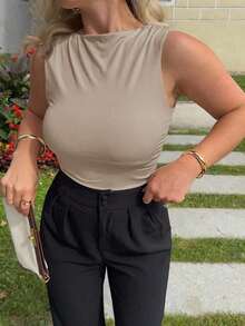 Top de tirantes casual con cuello plisado de unicolor para mujer, de verano - Caqui - Ver 3
