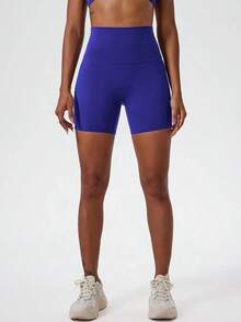1 pieza Pantalones cortos de yoga elásticos de color nude, adecuados para correr, fitness, ciclismo y otros deportes, pantalones cortos ajustados transpirables y de secado rápido para mujeres en color negro - azul real - Ver 3