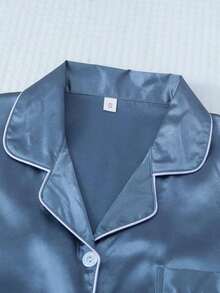 Conjunto de pijama de 2 piezas con camisa de manga corta con solapa y pantalones cortos con moño, ropa de dormir para mujer, conjunto de dos piezas - Azul - Ver 3