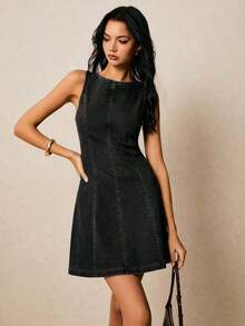 Vestido de mezclilla casual de mujer sin mangas, cuello redondo, espalda descubierta y con lazo - Negro - Ver 8