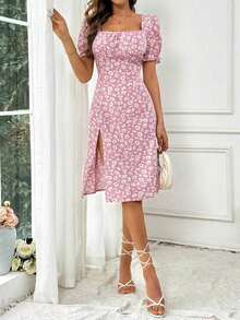 Vestido de manga corta con cuello cuadrado de estampado aleatorio para uso diario sencillo, atuendo de vacaciones y playa para mujeres - Rosa - Ver 6