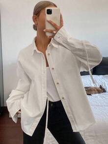 Blusa vaquera de manga larga con botones frontales y nudo delantero para mujer - Blanco - Ver 7