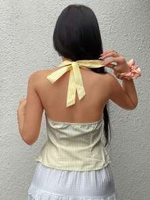 Top de tirantes sexy con cuello halter, espalda descubierta y cordón a rayas para mujeres - Amarillo - Ver 2