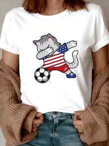 Funny Cat Making The Dab Gesture While Playing Soccer Wearing A Shirt Inspired By The American Flag That Conveys Energy And Humor. Comfortable Casual Women's T-Shirt For Everyday Wear - 白色 - 查看 8
