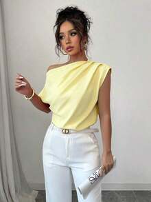 Blusa de unicolor con cuello asimétrico y plisado a la moda para mujeres - Amarillo claro - Ver 5