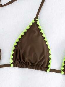 Bikini de 2 piezas de unicolor con escote halter y lazos, sexy y elegante para playa, vacaciones, viajes y fiestas. Nuevo para primavera/verano - brotes fluorescentes marrones - Ver 4
