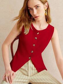 Blusa de punto sin mangas con botones delanteros de unicolor para uso casual y de oficina para mujeres - Rojo - Ver 3