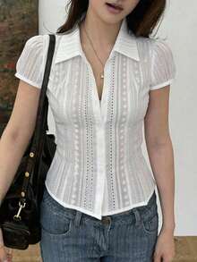 Blusa blanca de manga corta ajustada con cuello para mujer, de unicolor, para el verano - Blanco 3 - Ver 7