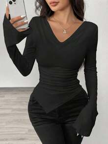 Women's Winter Sweater With A Plunging Neckline, Can Be Worn With An Asymmetrical Collar, Asymmetrical Hem, Knitted Top. - 黑色 - 查看 5