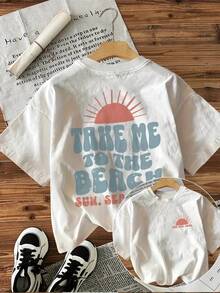 [Imágenes Frontales y Traseras] Camiseta de Manga Corta con Cuello Redondo para Mujer - Estampado de Sol "Llévame a la Playa", Blusa Casual Blanca de Verano, Lavable a Máquina para Comodidad en Todas las Estaciones, Camiseta de Playa de Corte Holgado, Camiseta con Estampado Divertido - Blanco - Ver 6