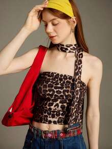 Top bandeau fruncido con estampado de leopardo y bufanda para mujer - Multicolor 2 - Ver 4