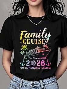 1 Piece Women's Round Neck T-Shirt With "Family Cruise 2026 Making Memories Together" Print, Short Sleeve, For Summer Vacation, Travel, Beach And Parties, 180g, 100% Cotton. - 白色 - 查看 7