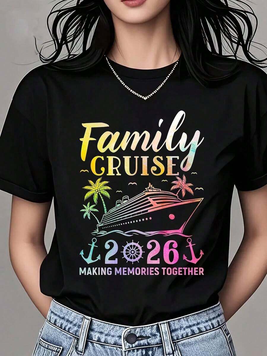 1 Piece Women's Round Neck T-Shirt With "Family Cruise 2026 Making Memories Together" Print, Short Sleeve, For Summer Vacation, Travel, Beach And Parties, 180g, 100% Cotton. - 黑色 - 查看 1
