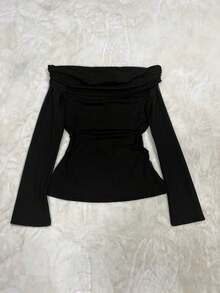 Top de manga larga con hombros descubiertos de unicolor negro, informal de primavera - Negro - Ver 2