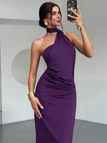 Vestido suelto con mangas acampanadas asimétricas de color marrón moca para mujer, vestido largo de moda, ropa de primavera/verano, adecuado para ir al trabajo, elegante, sexy, vacaciones, playa, estilo bohemio, Hawái, festivales de música, fiestas, atuendo de trabajo - Morado - Ver 5