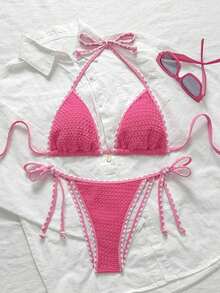 Conjunto de bikini de 2 piezas para mujer de verano con tela jacquard de unicolor, volantes en el borde y tirantes ajustables - Rosa - Ver 1