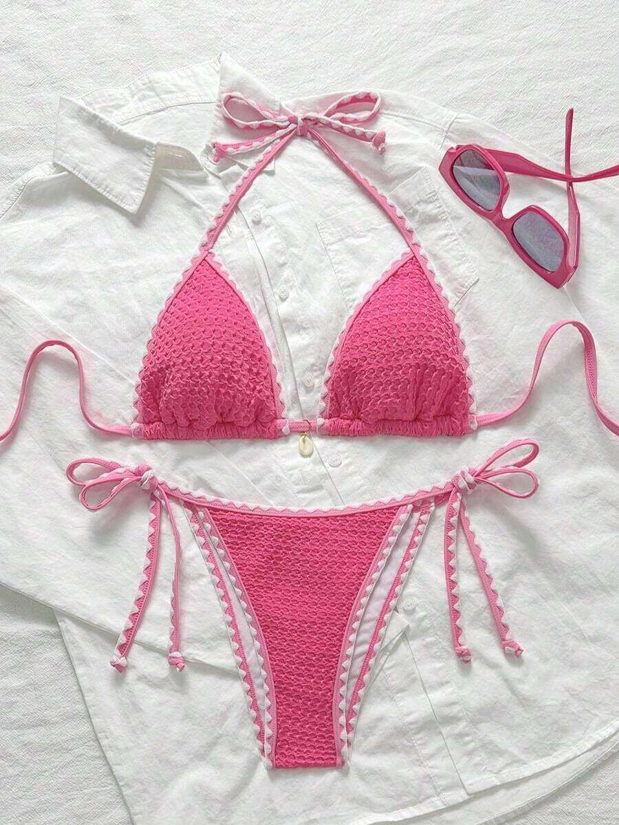 Conjunto de bikini de 2 piezas para mujer de verano con tela jacquard de unicolor, volantes en el borde y tirantes ajustables - Rosa - Ver 1
