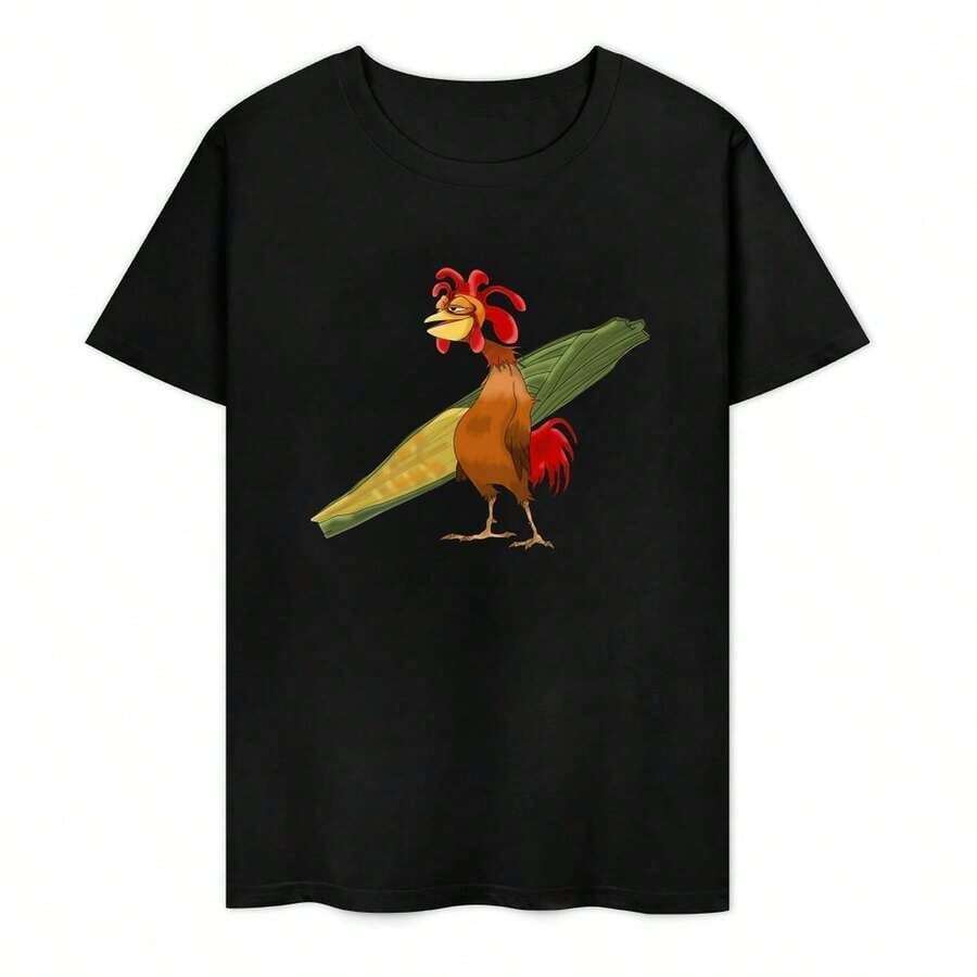 Chicken Joe Graphic T-Shirt - Unisex, Casual Crew Neck, Rooster And Corn Design, Black, Perfect For Men, Women And Friends, Comfortable Fit For All Seasons - 黑色 - 查看 1