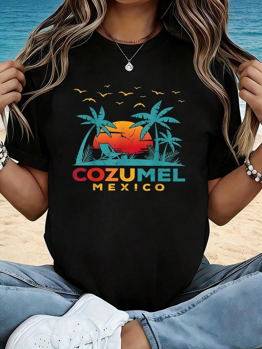 One Piece, Classic And Versatile, Pure Cotton Short-Sleeved T-Shirt, Suitable For Any Season, Retro Style With Sunset On The Island Of Cozumel, Mexico, With A Fashionable Touch.Jpg - 黑色 - 查看 1