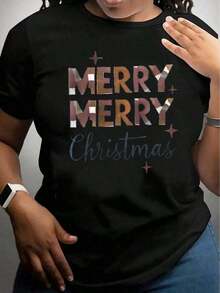 Women's Casual Christmas T-Shirt, Short Sleeve, 1 Piece, 100% Heavy Cotton - Comfortable Round Neck, Soft And Adorable Loose And Comfortable T-Shirts - 黑色 - 查看 3