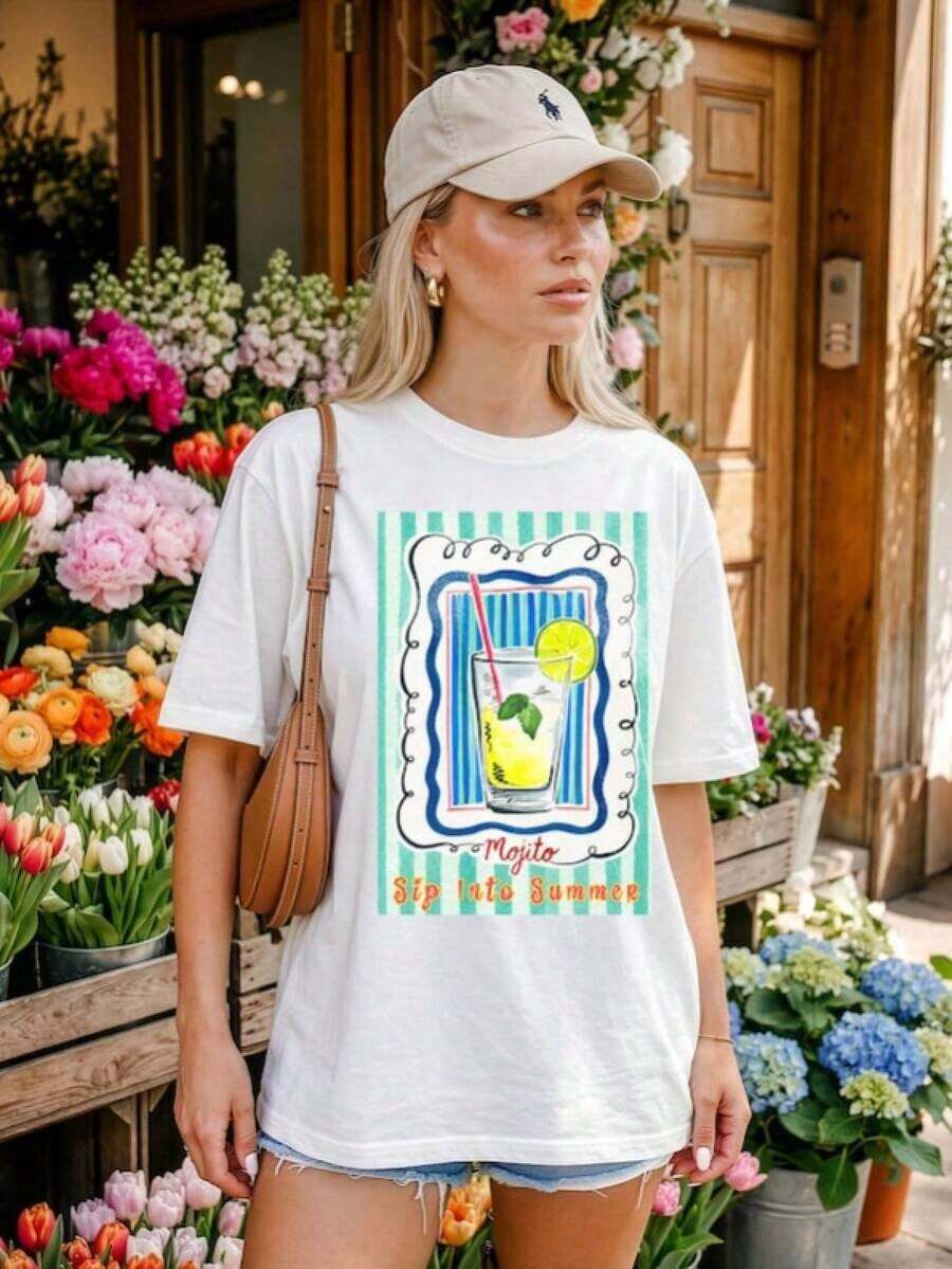 Ojito T-Shirt, Summer Graphic Tee, Retro Cocktail Tee, Unisex T-Shirt For Summer Drinks On Beach Vacation, Colorful And Bright T-Shirt For Women, Summer Choice, Urban Fashion, Casual Style. - 多色 2 - 查看 1