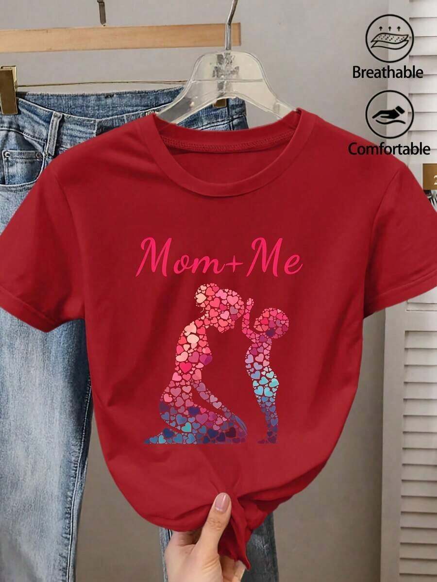 Mother's Day Gift Women's Summer Clothes Plus Size T-Shirt With Heart Silhouette Print Mom+Me And Dad, Round Neck, Short Sleeve, Casual Style, Versatile Vintage Fashion Top For Commuting, Vacation And Everyday Wear, Available In 1XL-5XL - [紅色的] - 查看 1