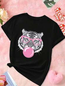 Tiger Bubblegum Graphic Print Summer Tops, Plus Size T-Shirt, Short Sleeve, Crew Neck, Casual Tops For Summer And Spring, Women's Clothing, Cotton T-Shirt, Mujer - Black - View 1