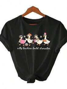Women's T-Shirt With A Fun Teacher And Goose Print - Casual Short-Sleeved Round-Neck Blouse, Machine Washable, Summer Top Suitable For Teachers, Events, And Casual Wear - 預設 - 查看 1