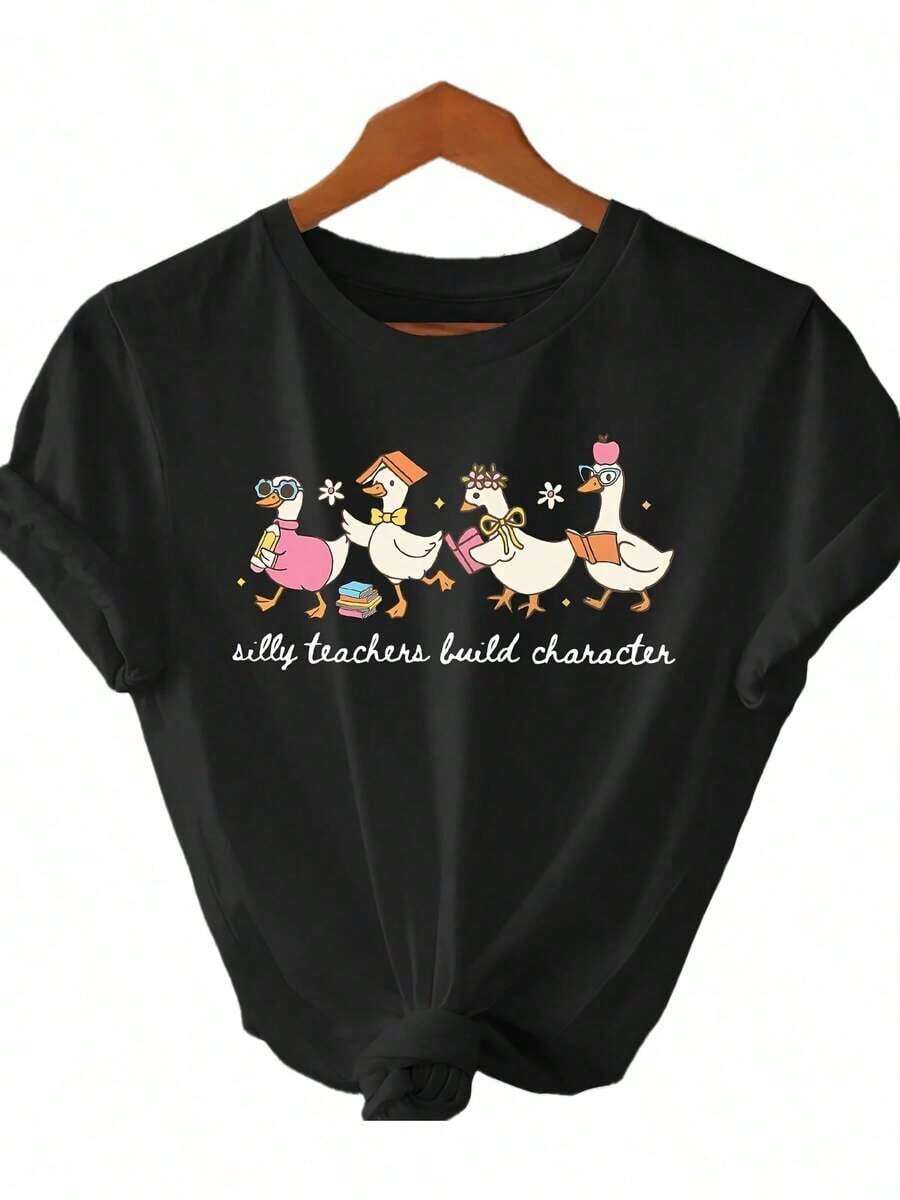 Women's T-Shirt With A Fun Teacher And Goose Print - Casual Short-Sleeved Round-Neck Blouse, Machine Washable, Summer Top Suitable For Teachers, Events, And Casual Wear - 預設 - 查看 1