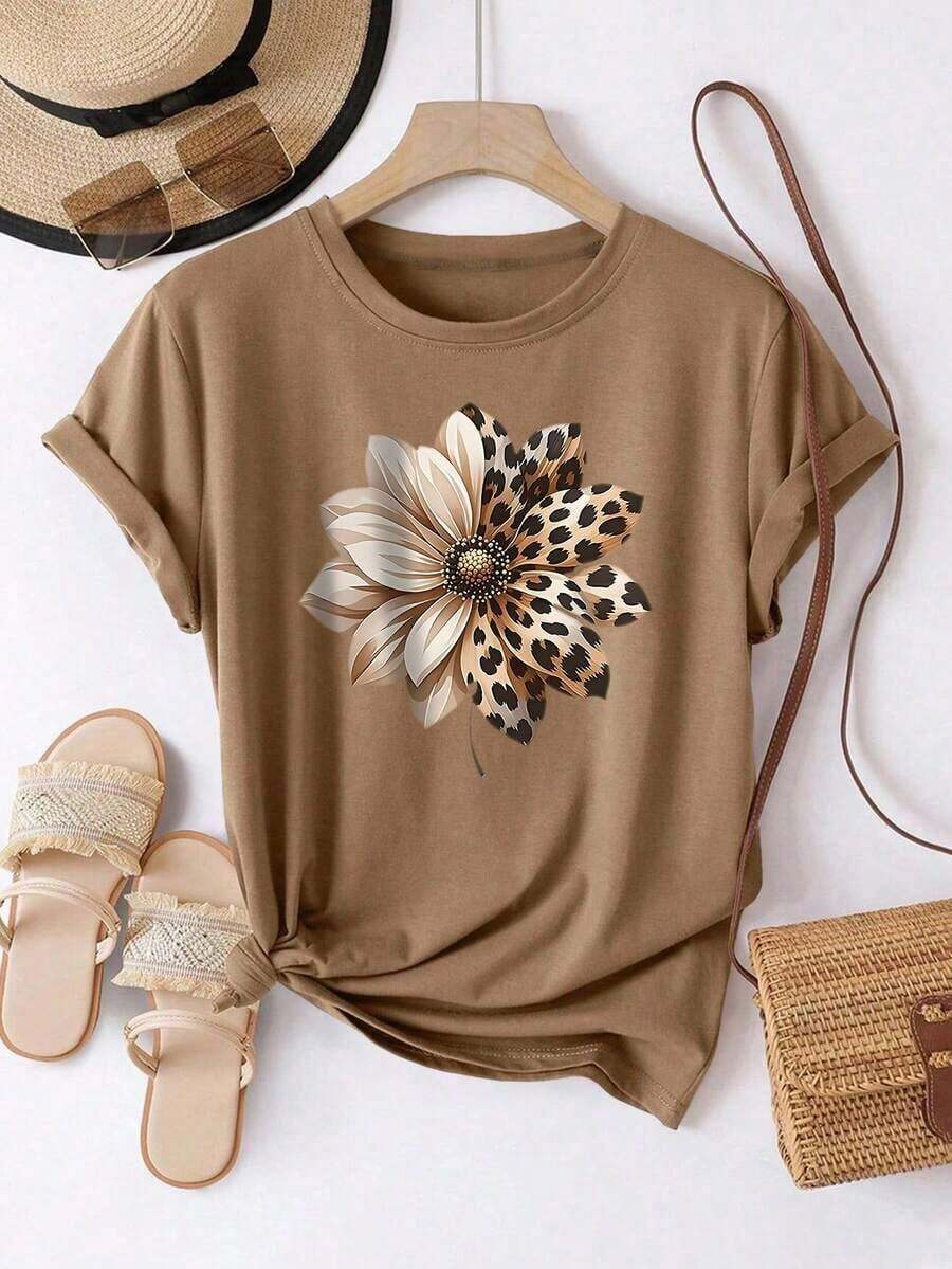 Camiseta de mujer talla grande de verano casual con estampado gráfico de bordado falso - Marrón 4 - Ver 1