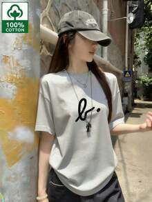 Women's Short-Sleeved T-Shirt, Dark Gray, With Note-Style Logo Print, 100% Cotton, Casual Everyday Wear, Summer Wear, New Model, Solid Color Design, Regular Length, Made Of Pure Cotton Fabric, Comfortable To Wear, Machine Washable. - 淺灰色 - 查看 9
