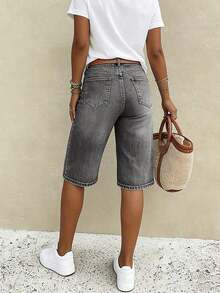 Pantalones cortos vaqueros de mujer de tiro bajo y pierna recta: ajuste holgado y elegante, pantalones cortos versátiles de pierna ancha y longitud media - Gris Oscuro - Ver 2