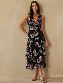 Aveloria Revavyn Vestido maxi elegante y grácil de mujer con escote en V profundo y sin mangas, de gasa ligera con estampado floral romántico, con cintura ceñida y dobladillo con volantes en capas, adecuado para citas, vacaciones, lujo y delicadeza - Negro - Ver 2