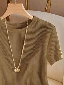 Elegante camiseta de punto de cuello redondo, top de punto minimalista de moda, primavera/verano - Marrón - Ver 3