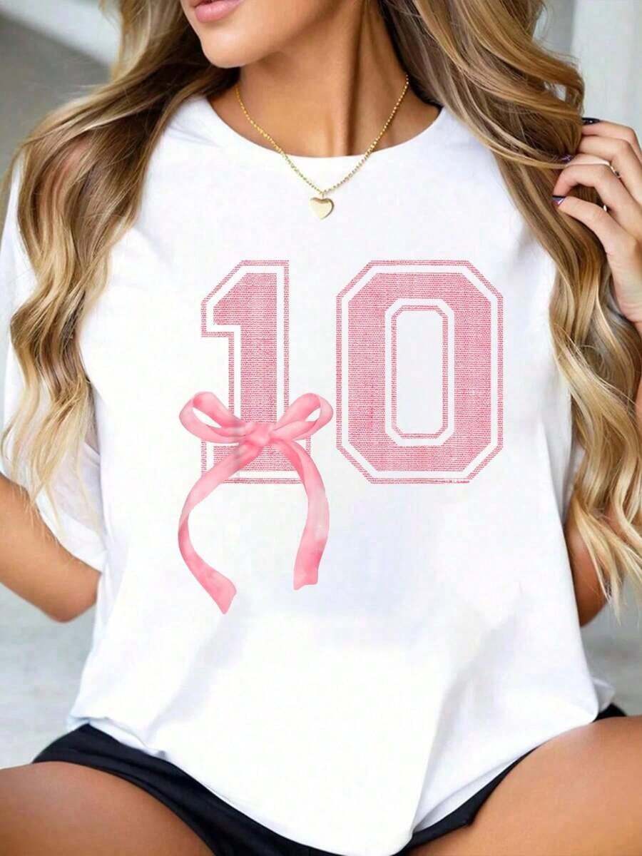 100% Cotton Pink Flirty T-Shirt With Bow For 10 Year Old Girl's Birthday, Feminine Aesthetic Style, Women's Outfits - 白色 - 查看 1