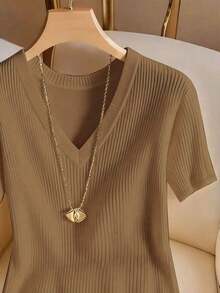 Camiseta de mujer elegante y casual de cuello en V y manga corta - Marrón - Ver 3