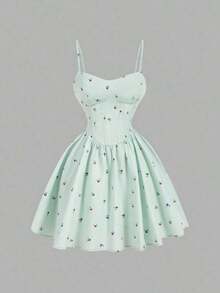 MOD Vestido corto de tirantes finos con estampado floral menudo para mujer primaveral - Verde - Ver 5