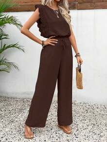Conjunto de 2 piezas de blusa con ribete de encaje de unicolor y pantalones de pierna ancha para mujer, casual para vacaciones y viajes, primavera/verano - Marrón - Ver 4