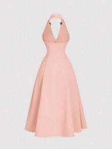 Vestido midi elegante sin mangas con decoración floral 3D de metal y plisados para mujer - Rosa - Ver 2