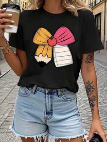 Women's Short Sleeve T-Shirt - Casual Short Sleeve T-Shirt With Bow, Pencil, Notebook, Apple, And Teacher-Themed Prints, Breathable Polyester Fiber, Casual Fashion Daily Top, Machine Washable, Round Neck, Travel Summer Shirt, Modern Lightweight Style, Women's Summer Shirt Essential. Soft Fabric T-Shirt For Summer - 黑色 - 查看 1