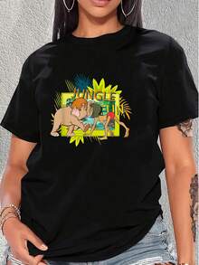 Encuentro amistoso entre un niño y un elefante en un entorno de selva lleno de energía tropical y aventura mostrando la conexión entre naturaleza y amistad camiseta de mujer  casual cómoda para uso diario - Negro - Ver 6