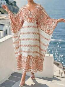 Vestido holgado de cuello en V para cubrir con estilo bohemio para vacaciones de playa en verano 2026, ropa bohemia para mujeres de talla grande, vestidos de talla grande para mujeres, ropa hippie de talla grande, vestido bohemio de talla grande, vestido kimono bohemio, vestido bohemio para vacaciones, vestido bohemio largo, vestido bohemio oversize, vestidos para mujer de manga larga y largo, vestido Zanzea para mujer, vestido para mujer, túnica, vestido de playa, ropa de resort para mujer, vestidos de playa para mujer, vestido largo estampado, vestido túnica para mujer - Caqui - Ver 3