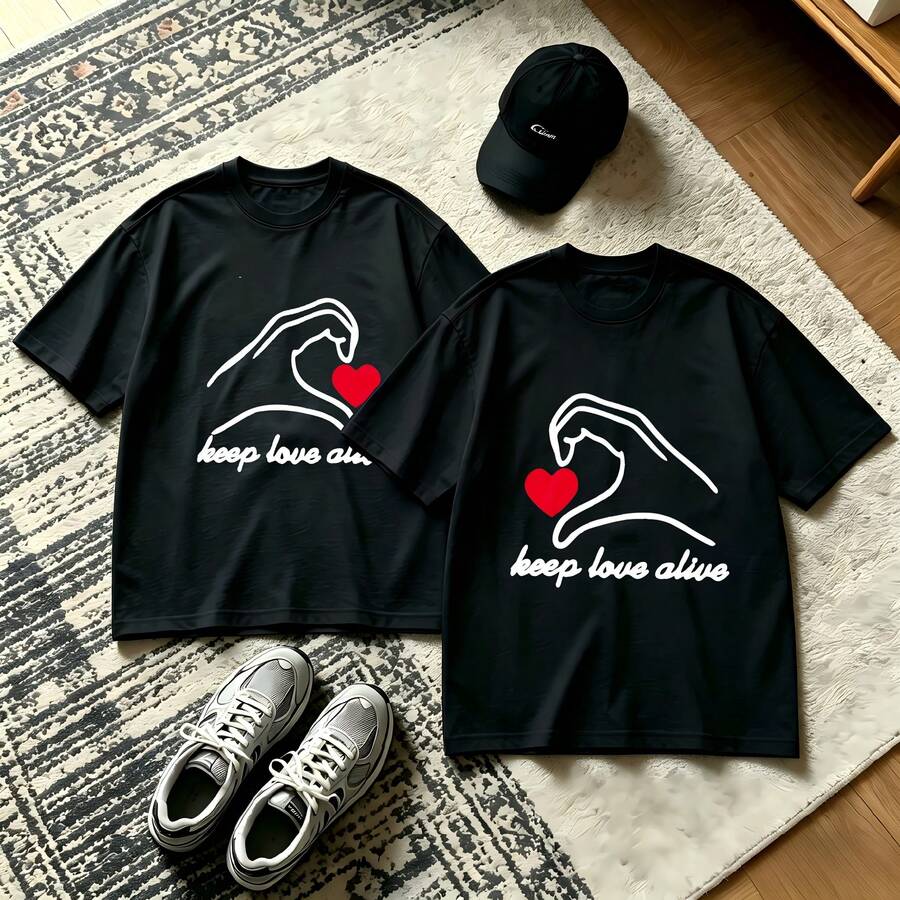 2-Piece Couple Matching Pattern T-Shirt, 100% Cotton, Loose Fit, Soft And Breathable, Casual Round Neck Short Sleeved Top Keep Love Alive Heart Hands Design Versatile Patterns No Picky Combinations Coordinated Dating Casual Travel Simple And Cartoonish Printing Styles High Cost-Effectiveness Couple - 黑色 - 查看 1