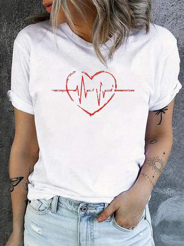 ECG Love Print Crew Neck T-Shirt, Casual Short Sleeve T-Shirt For Spring And Summer, Women's Clothing. - 白色 - 查看 1