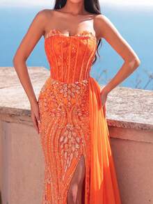 Strapless Beaded Mesh Mermaid Evening Gown - High Slit Design Fall Wedding - Orange - View 3