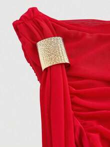 Vestido elegante de largo medio con cuello asimétrico, volantes y parches en color liso con efecto tie-dye para mujeres - Rojo - Ver 3