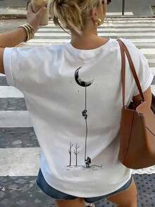 Camiseta de mujer de manga corta y cuello redondo informal - Estampado impreso, tela suave y cómoda, lavable a máquina, top de verano blanco - Blanco - Ver 3