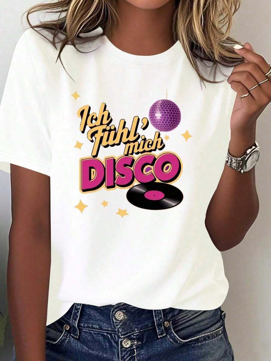 ComfortableCamiseta retro de los 80 de Disco alemana para mujeres - Diseño con "No puedo sentir mi cara" y "Fiesta Disco" con gráficos de bola de Disco y pista de baile - Camiseta suave y ca - Blanco - Ver 1