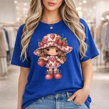 Women's Plus Size Strawberry Girl Print Cotton T-Shirt, Loose Fit, Short Sleeve, Casual Daily Wear, Sizes M-5XL, Soft And Comfortable Summer Top, Cartoon Graphic T-Shirt For Ladies, Suitable For Spring, Summer And Autumn. - 藍色 - 查看 7