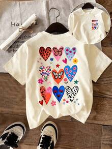 Camiseta de manga corta con cuello redondo y estampado de corazones y mariposas coloridos en la parte delantera y trasera. Camiseta estampada para mujer, estilo primavera/verano, adecuada para el uso diario, vacaciones, viajes y ropa de entretiempo para mujer. - Albaricoque - Ver 3